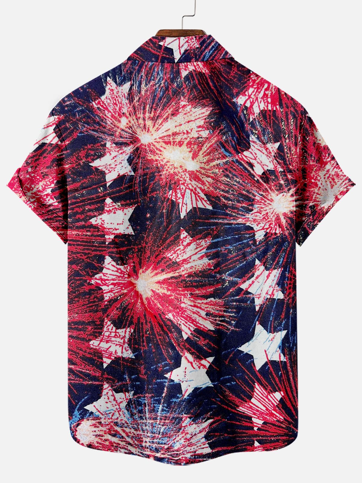 Independence Day Star Firework Pattern Men’s Short Sleeve Pocket Shirt