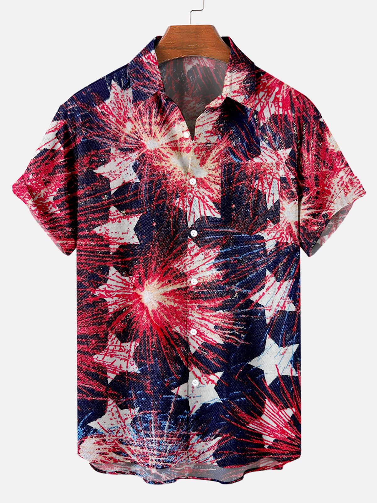 Independence Day Star Firework Pattern Men’s Short Sleeve Pocket Shirt Independence Day Star Firework Pattern Men’s Short Sleeve Pocket Shirt