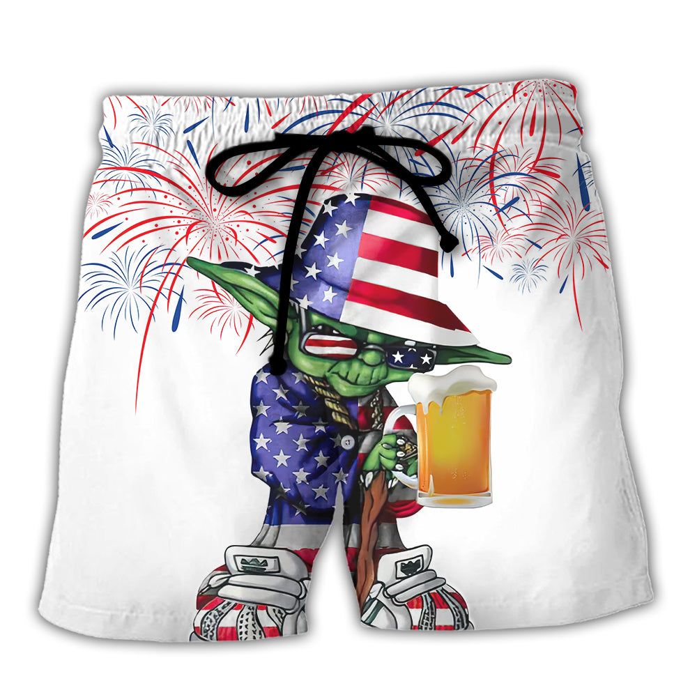 Independence Day Sw Yoda With Beer Trendy Aloha Hawaiian Beach Shorts