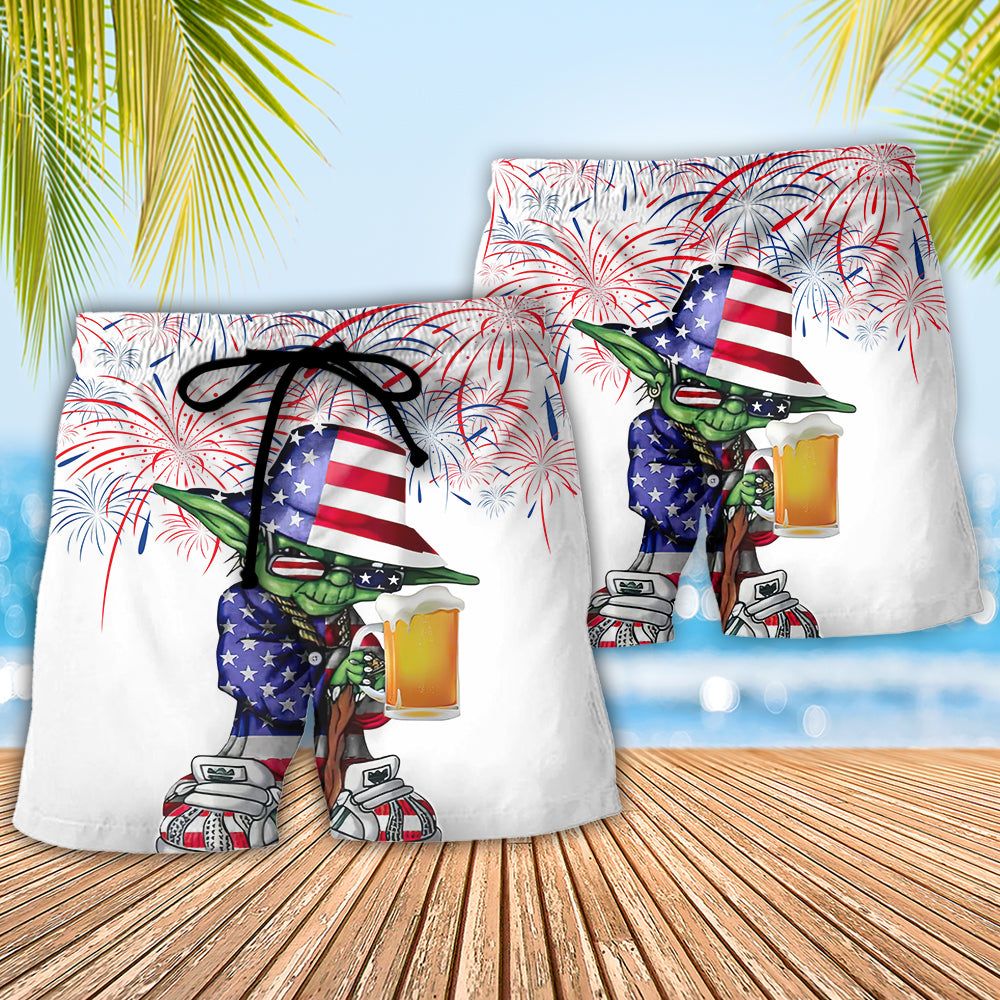 Independence Day Sw Yoda With Beer Trendy Aloha Hawaiian Beach Shorts