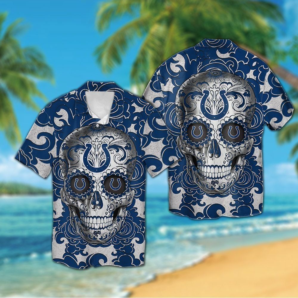 Indianapolis Colts Sugarskull Short Sleeve Button Up Tropical Hawaiian Shirt
