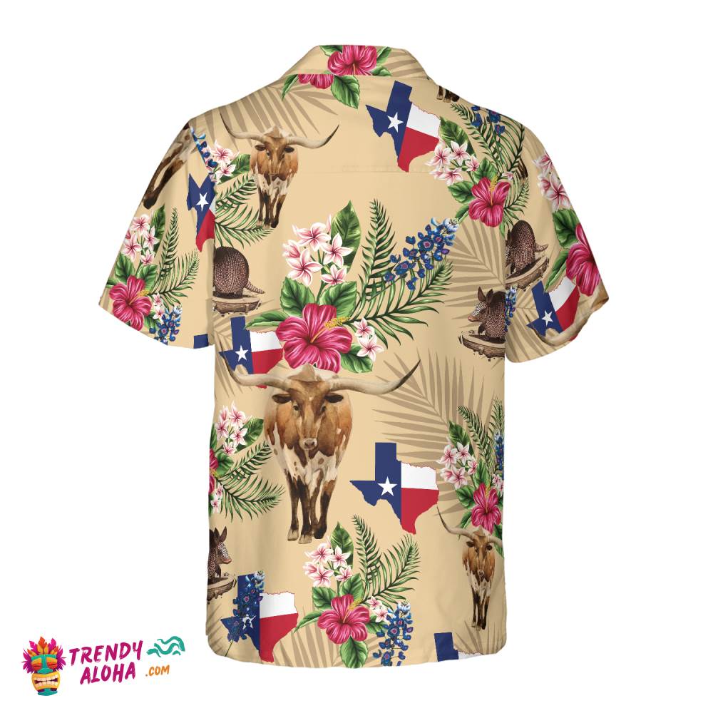 Insignia Bluebonnet Texas Hawaiian Shirt Cream Version, Don’t Mess With Texas Armadillo And Longhorn, Texas Home Shirt For Men