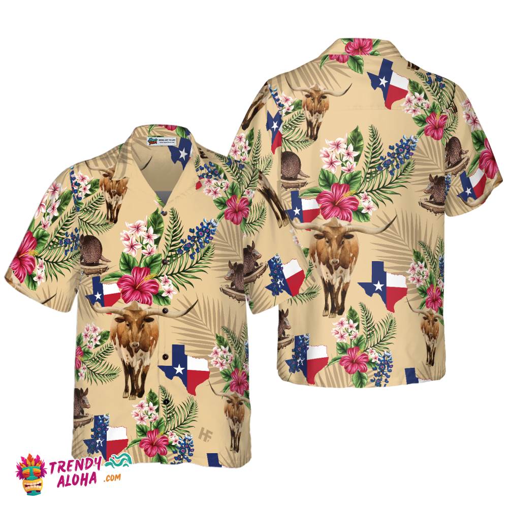 Insignia Bluebonnet Texas Hawaiian Shirt Cream Version, Don’t Mess With Texas Armadillo And Longhorn, Texas Home Shirt For Men