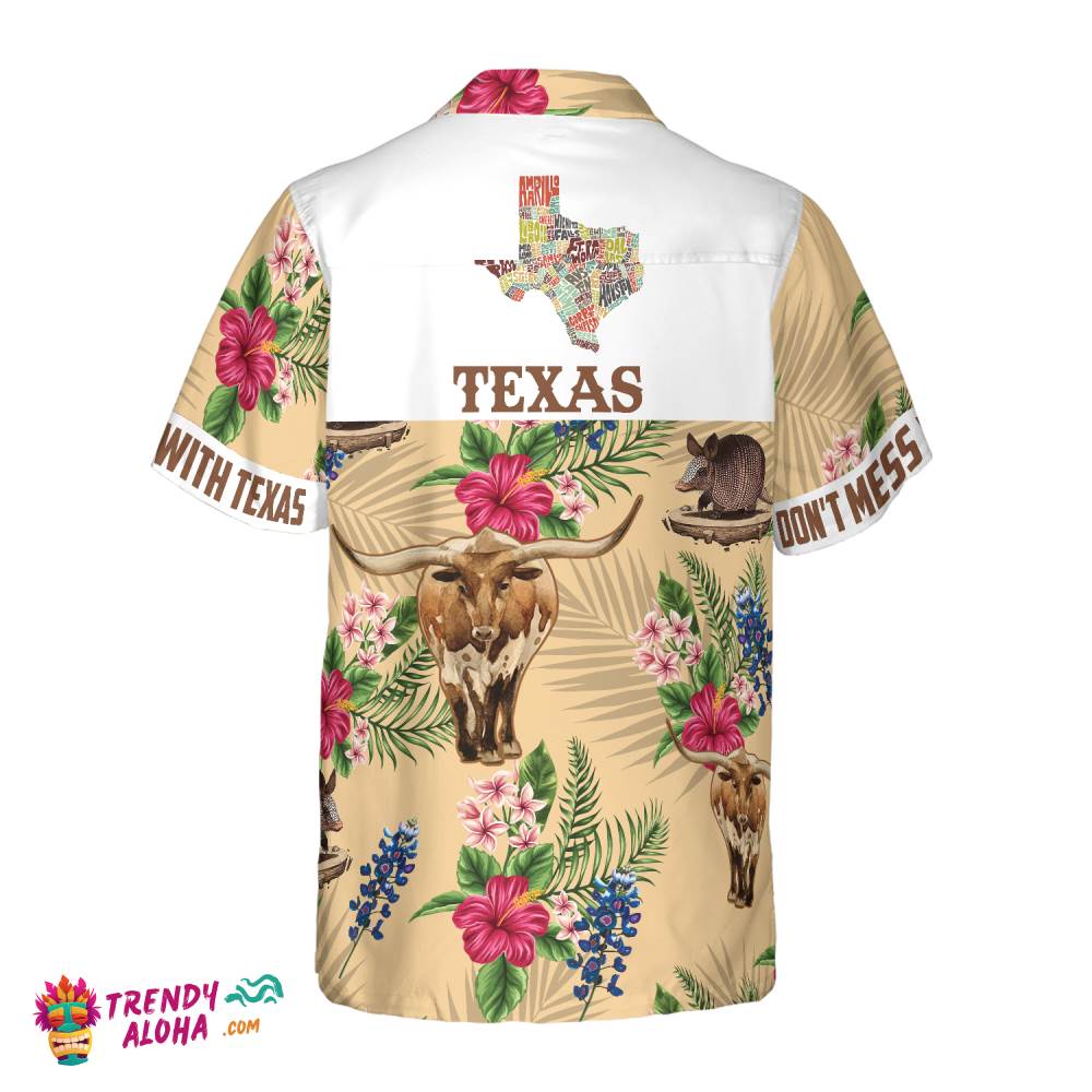 Insignia Bluebonnet Texas Hawaiian Shirt White Back Cream Version, Don’t Mess With Texas Armadillo And Longhorn, Texas Home Shirt For Men