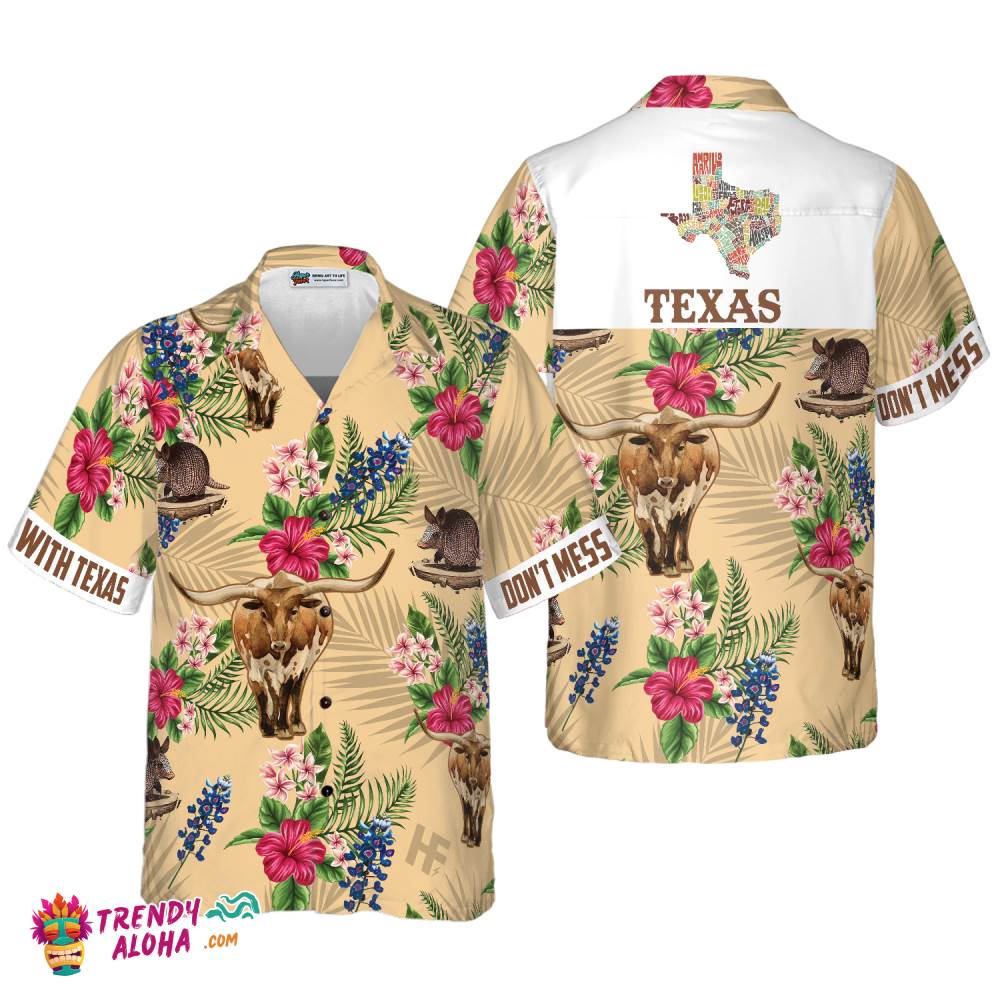 Insignia Bluebonnet Texas Hawaiian Shirt White Back Cream Version, Don’t Mess With Texas Armadillo And Longhorn, Texas Home Shirt For Men Insignia Bluebonnet Texas Hawaiian Shirt White Back Cream Version, Don’t Mess With Texas Armadillo And Longhorn, Texas Home Shirt For Men