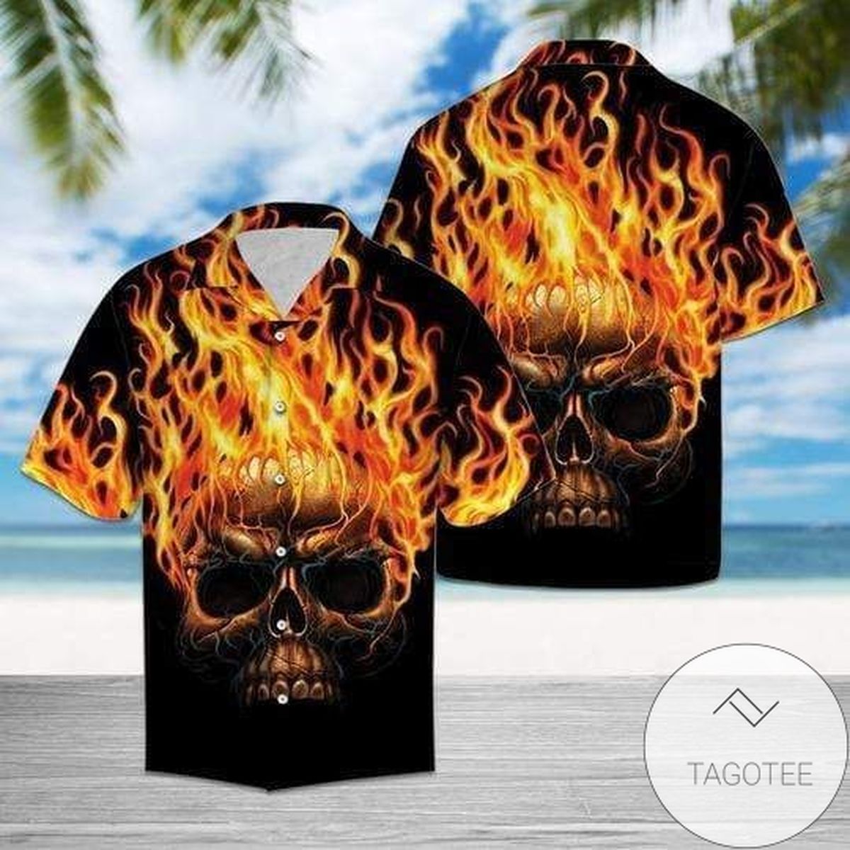 Intense Fiery Skull Captivates in Hawaiian Shirt Presentation
