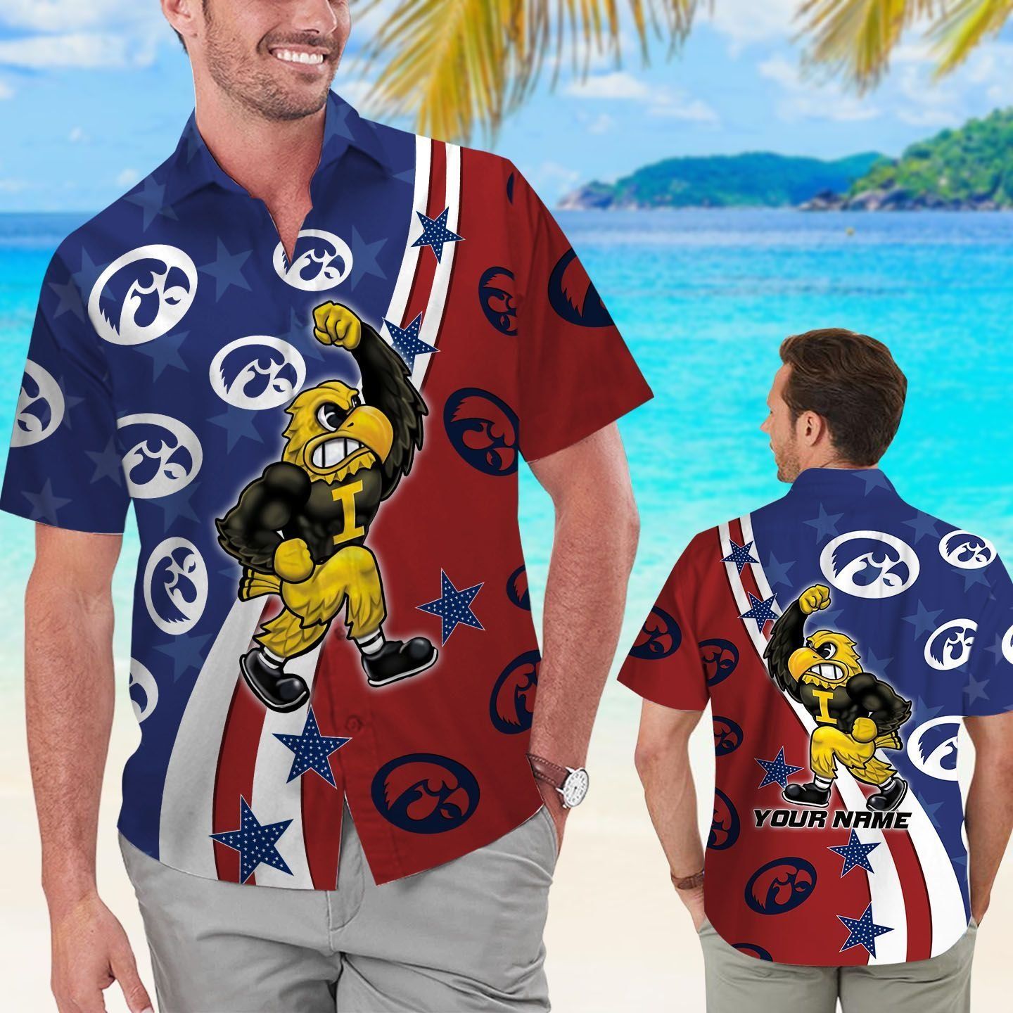 Iowa Hawkeyes American Flag Name Personalized Short Sleeve Button Up Tropical Hawaiian Shirt