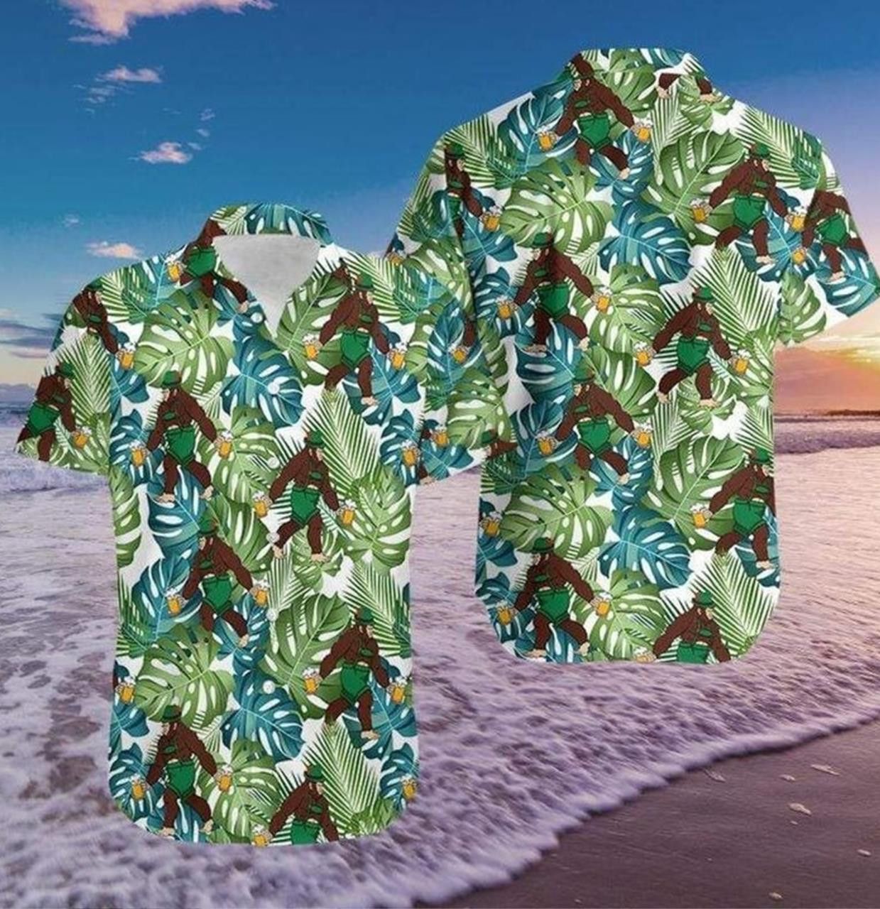 Bigfoot Hawaiian Shirt - Sasquatch Palm Tree Tropical Button Down For Men