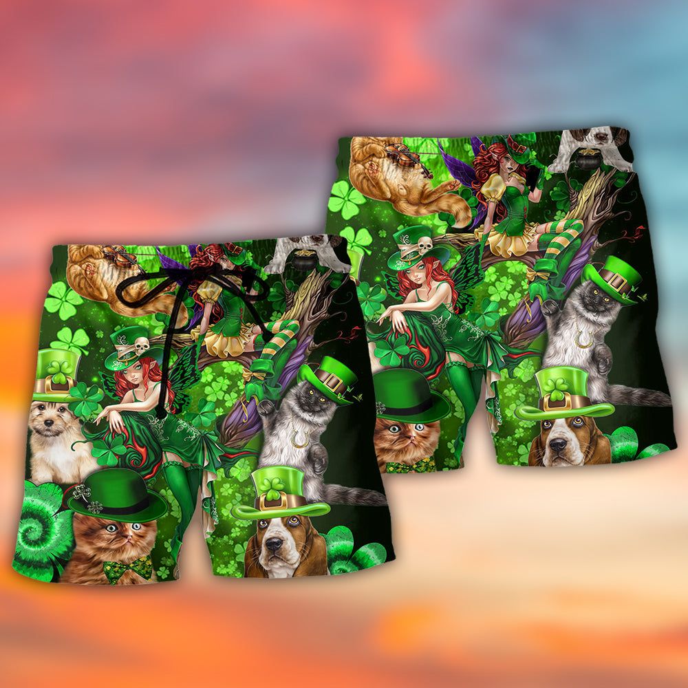 Irish Cat Girl St Patrick’s Day Green Light Trendy Aloha Hawaiian Beach Shorts