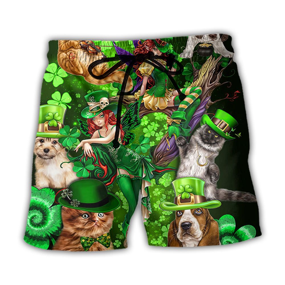 Irish Cat Girl St Patrick’s Day Green Light Trendy Aloha Hawaiian Beach Shorts