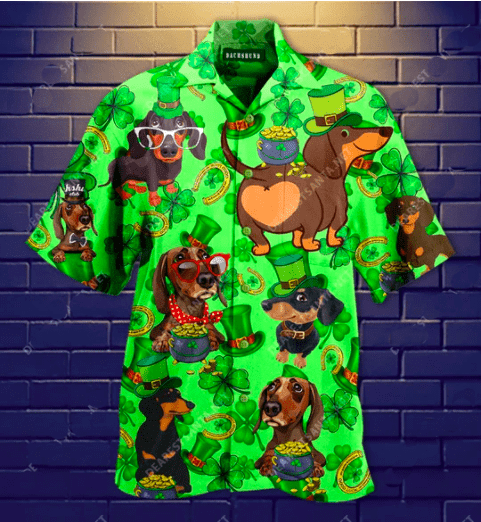 Irish Dachshund Dog Patricks Day Shamrock Green Hawaiian Aloha Hawaii Shirts
