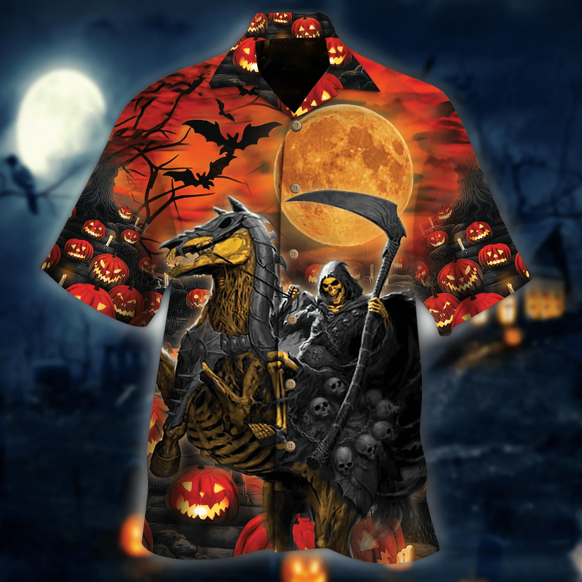 Iron Horse And Reaper Skull Halloween Trendy Hawaiian Shirt, Horse Trendy Hawaiian Shirt For