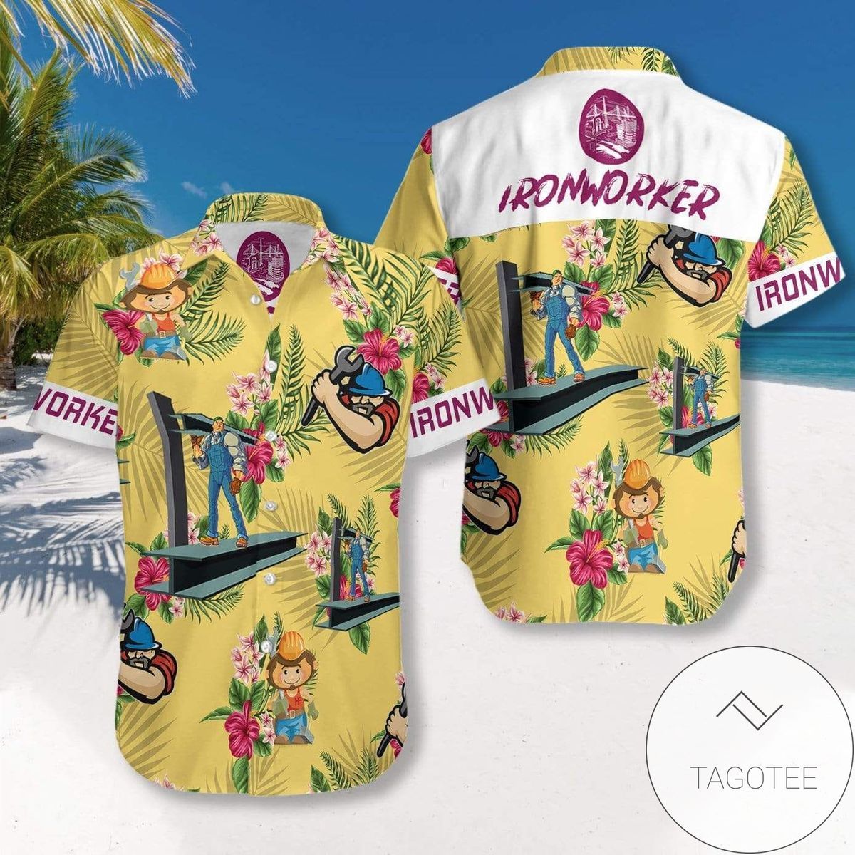 Ironworker Artistry Showcased on Yellow Hawaiian Shirt