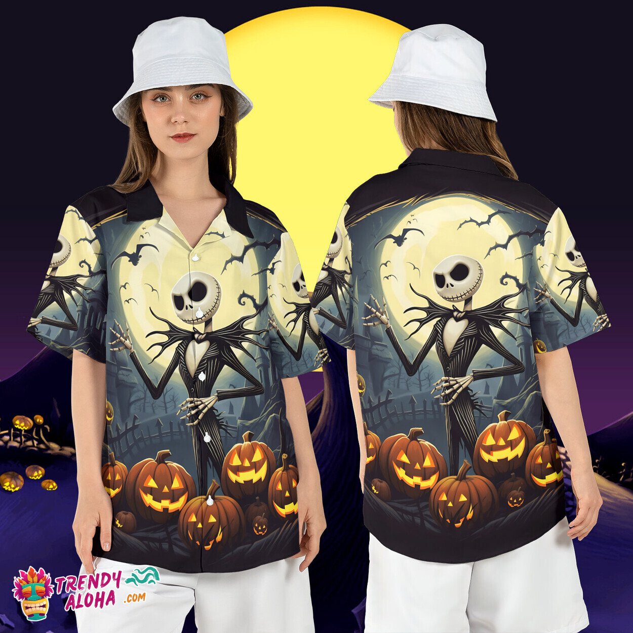 Jack Skellington Halloween Jack o Lantern Pumpkins Aloha Shirt