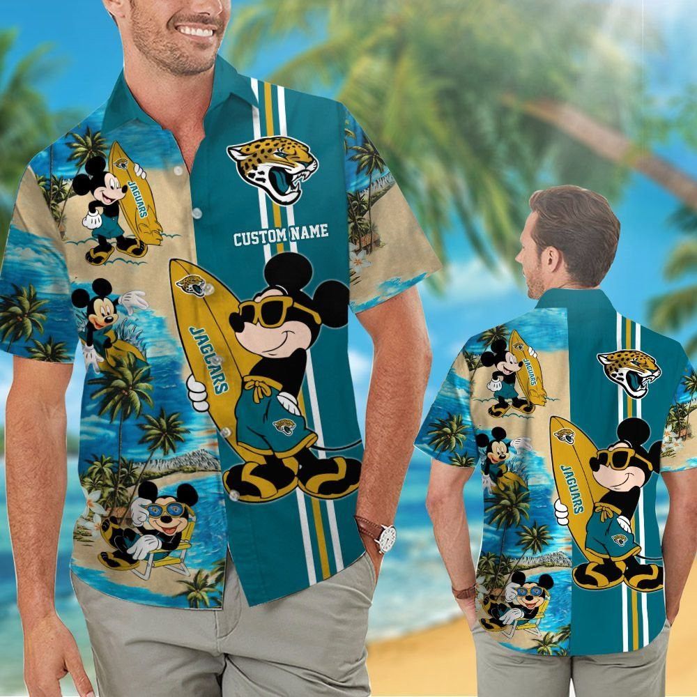 Jacksonville Jaguars Mickey Name Personalized Short Sleeve Button Up Tropical Hawaiian Shirt
