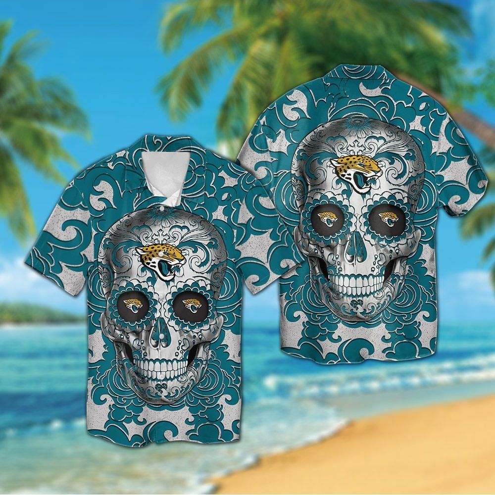 Jacksonville Jaguars Sugarskull Short Sleeve Button Up Tropical Hawaiian Shirt
