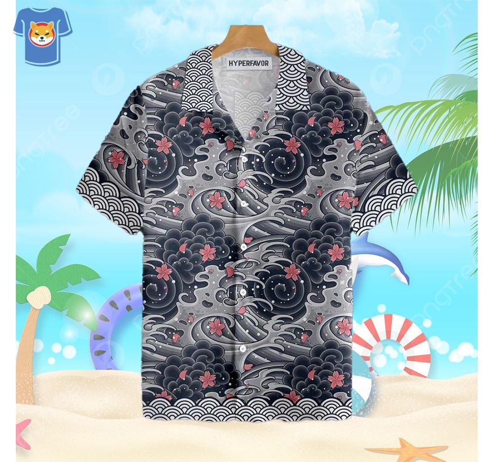 Japanese Red Flower Waves Black And White Cherry Blossom Abstract Hawaiian Shirt