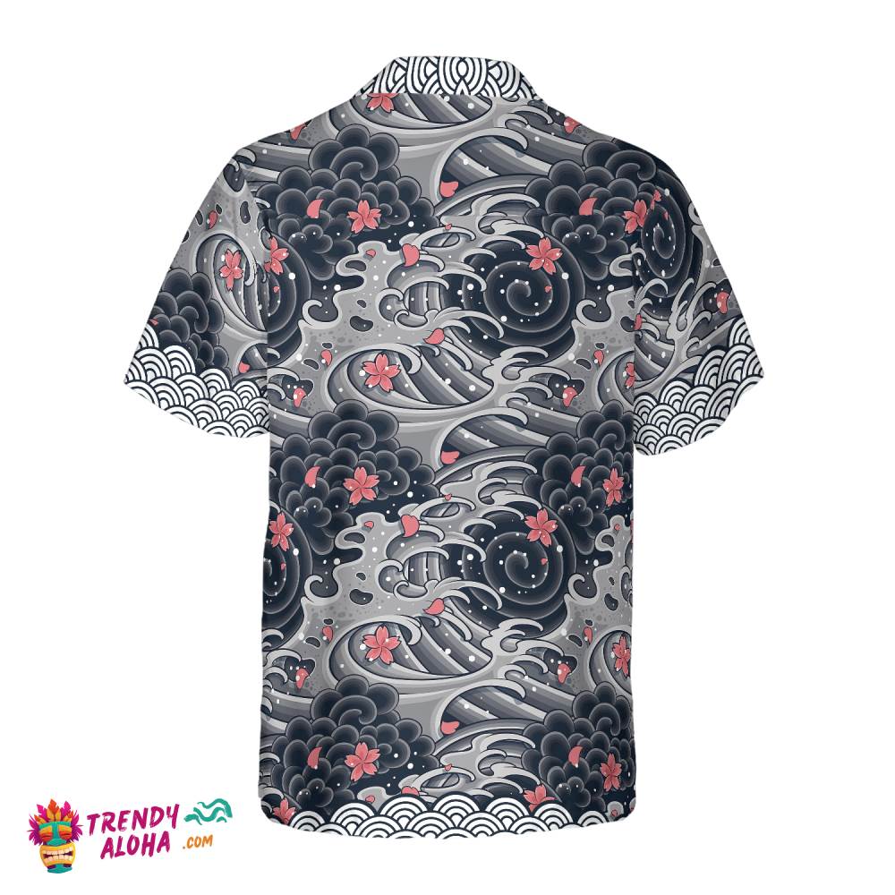 Japanese Red Flower Waves Hawaiian Shirt, Black And White Cherry Blossom Abstract Floral Hawaiian Shirt