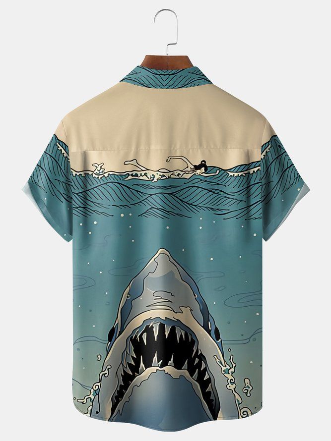 Japanese Ukiyo-E Shark Chest Pocket Short Sleeve Hawaiian Shirt