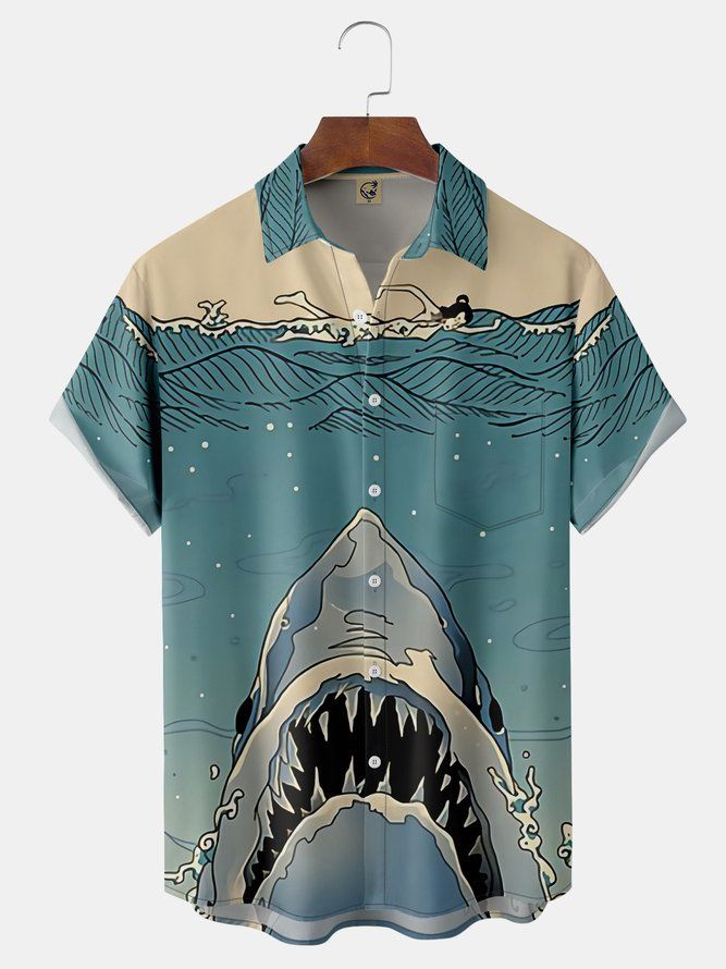 Japanese Ukiyo-E Shark Chest Pocket Short Sleeve Hawaiian Shirt Japanese Ukiyo-E Shark Chest Pocket Short Sleeve Hawaiian Shirt