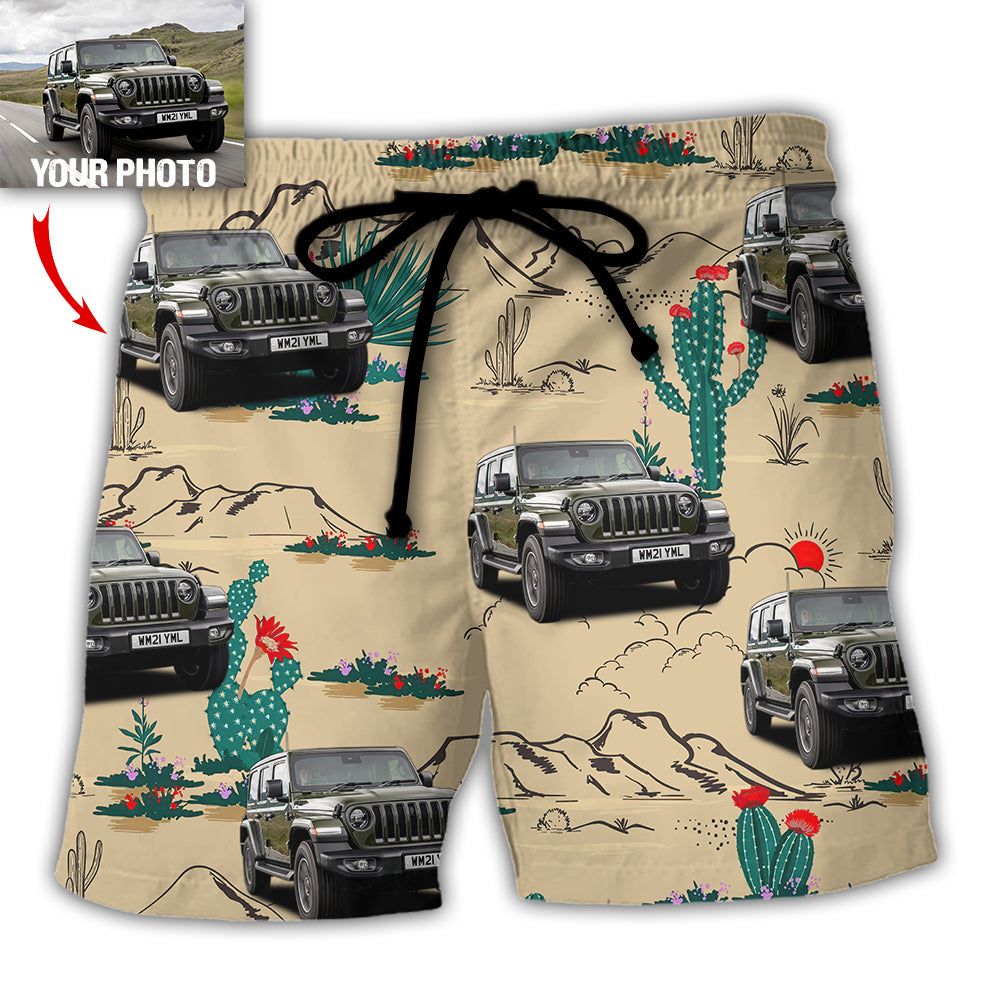 Jeep Cactus In Desert Custom Photo Trendy Aloha Hawaiian Beach Shorts Jeep Cactus In Desert Custom Photo Trendy Aloha Hawaiian Beach Shorts