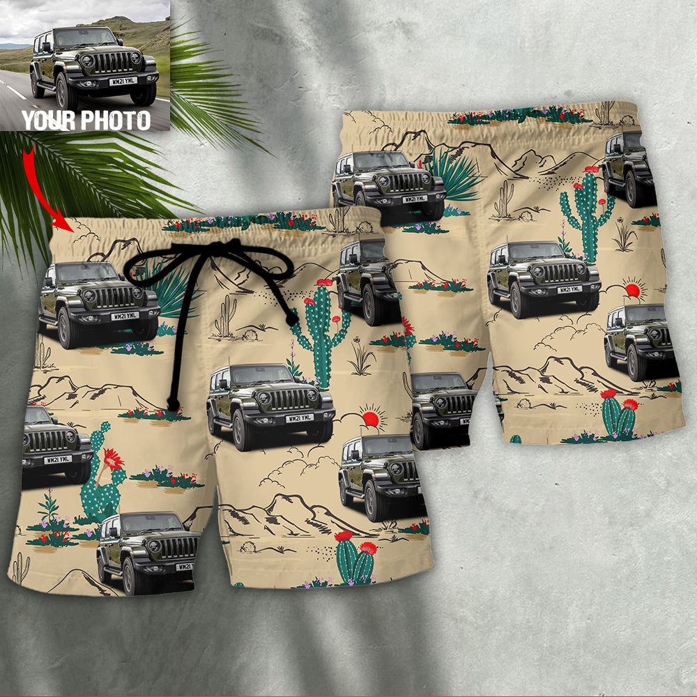 Jeep Cactus In Desert Custom Photo Trendy Aloha Hawaiian Beach Shorts