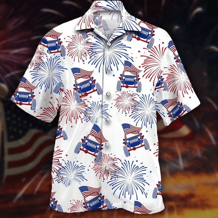 Jeep Car Flag Fireworks Design Hawaiian Shirt Perfect for Summer