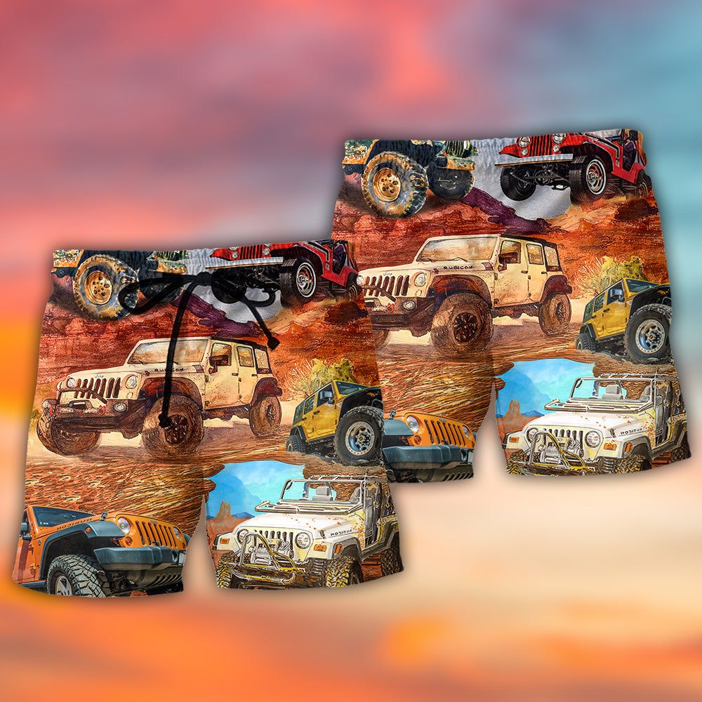 Jeep In The Desert Vintage Art Style Trendy Aloha Hawaiian Beach Shorts