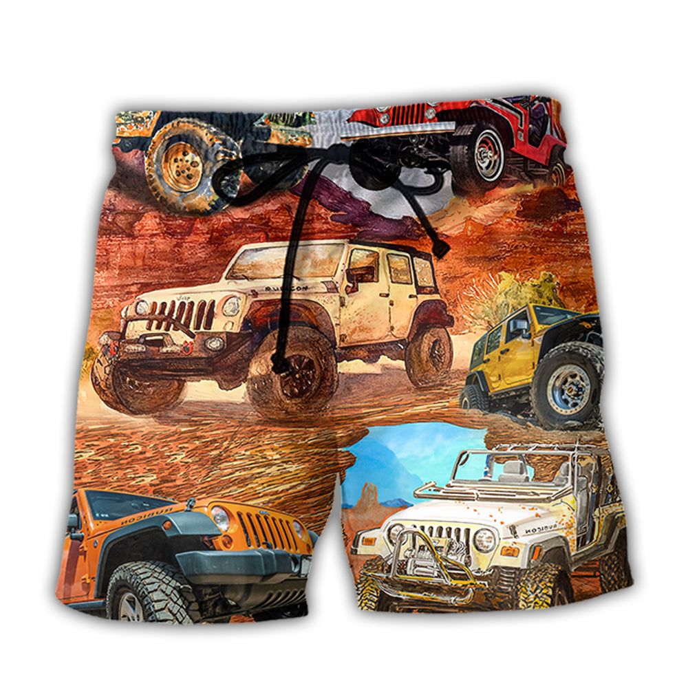 Jeep In The Desert Vintage Art Style Trendy Aloha Hawaiian Beach Shorts Jeep In The Desert Vintage Art Style Trendy Aloha Hawaiian Beach Shorts