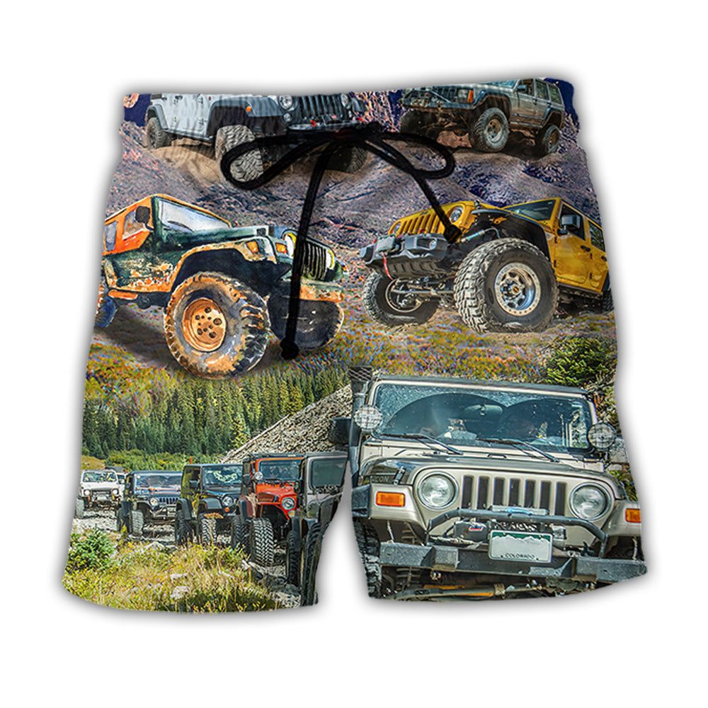 Jeep In The Moutain Sunset Vintage Art Style Trendy Aloha Hawaiian Beach Shorts Jeep In The Moutain Sunset Vintage Art Style Trendy Aloha Hawaiian Beach Shorts