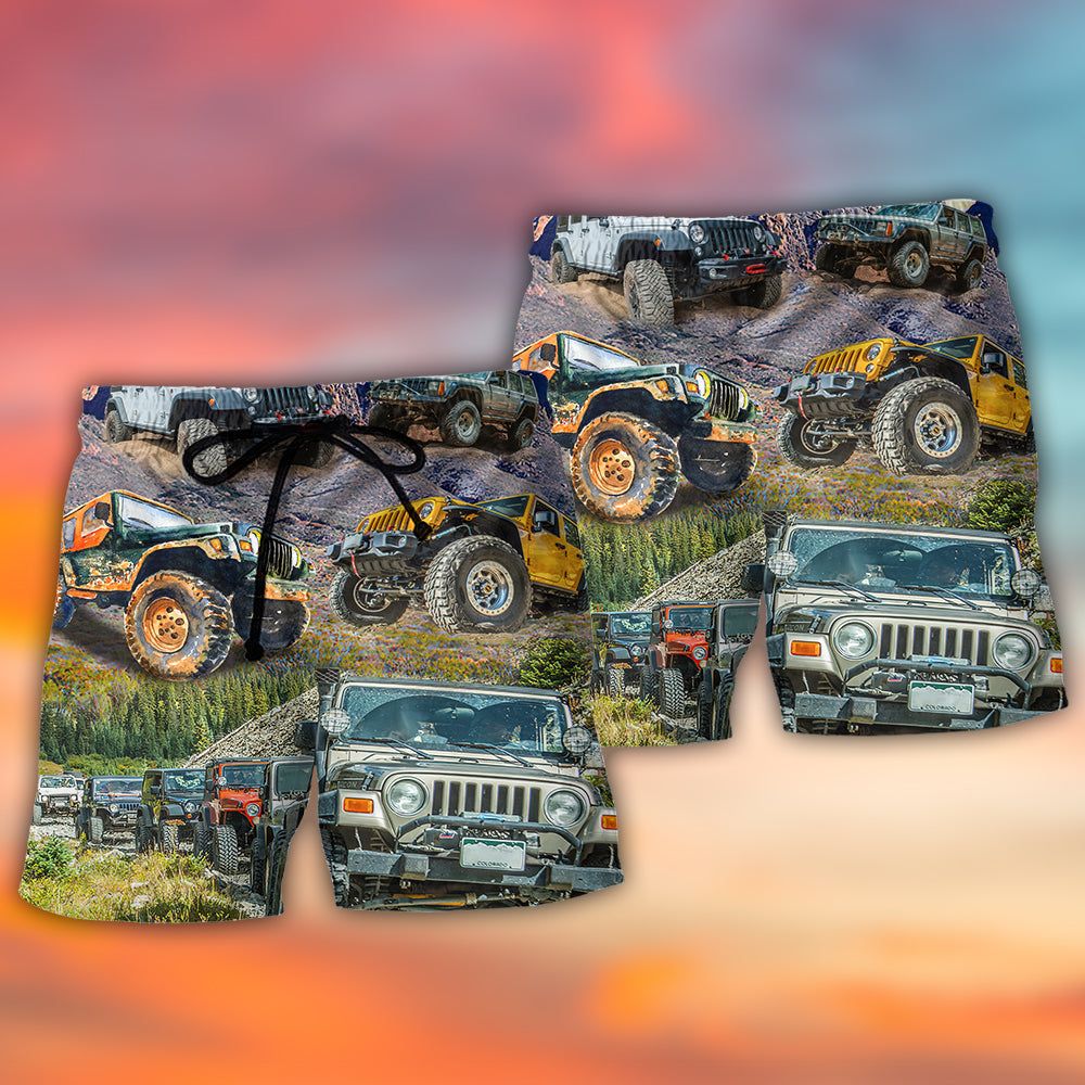 Jeep In The Moutain Sunset Vintage Art Style Trendy Aloha Hawaiian Beach Shorts