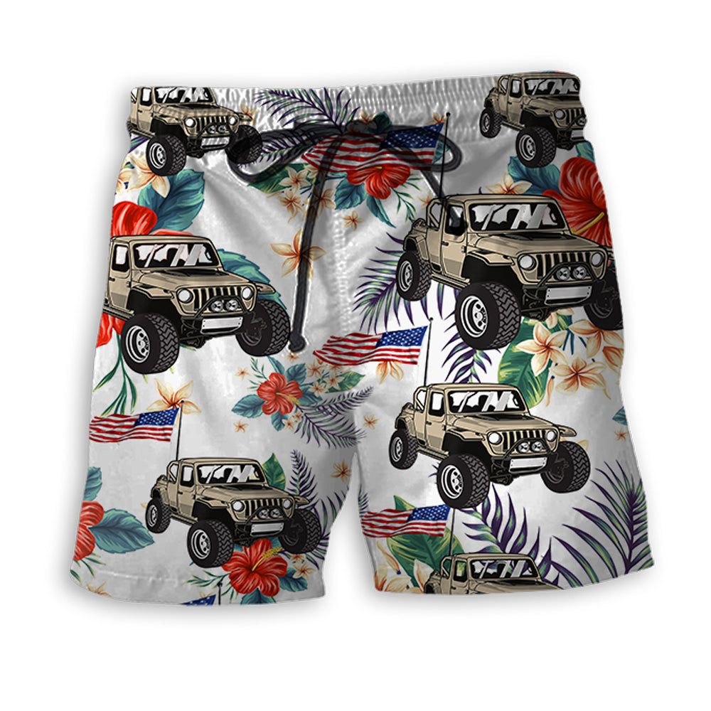 Jeep Independence Day Floral Style Trendy Aloha Hawaiian Beach Shorts