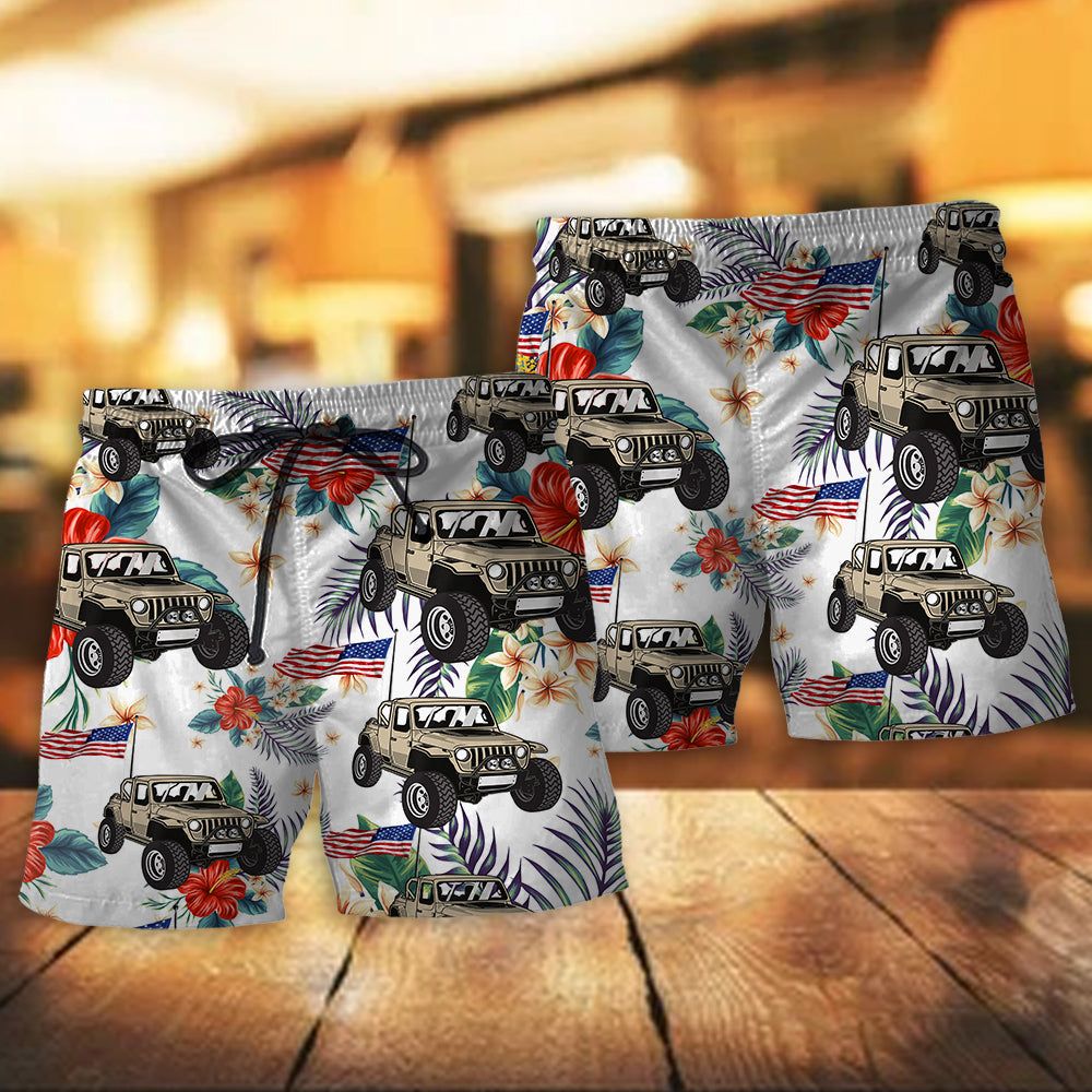 Jeep Independence Day Floral Style Trendy Aloha Hawaiian Beach Shorts