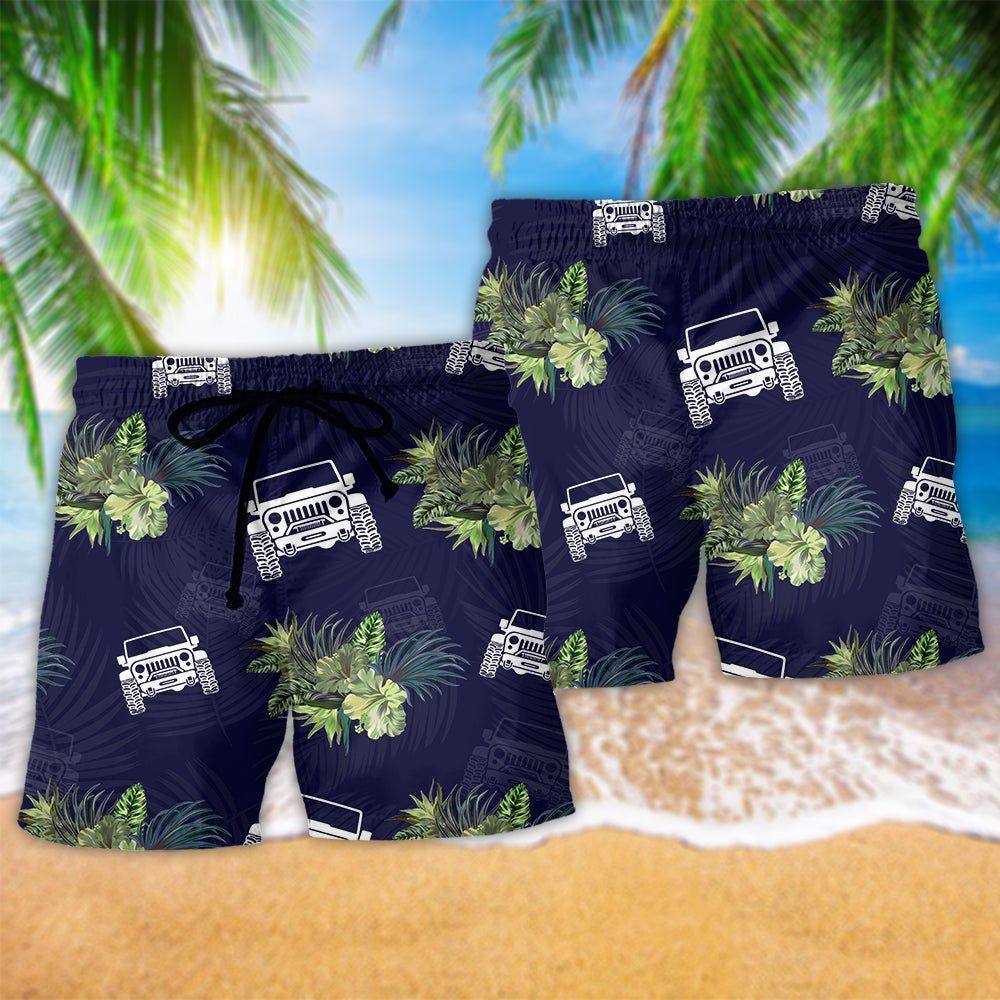 Jeep Tropical Floral Blue Trendy Aloha Hawaiian Beach Shorts