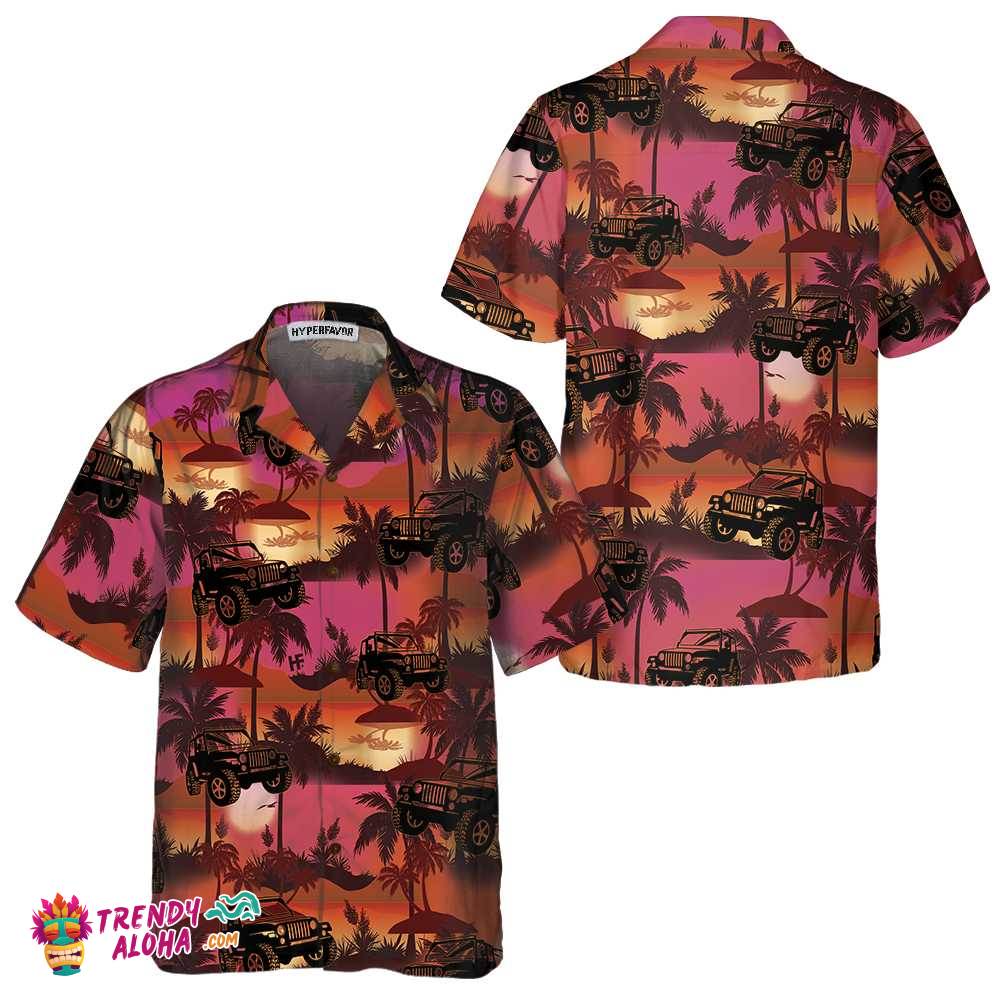 Jeep Tropical Sunset Pattern Hawaiian Shirt, Retro Vibe Jeep Beach Shirt For Men