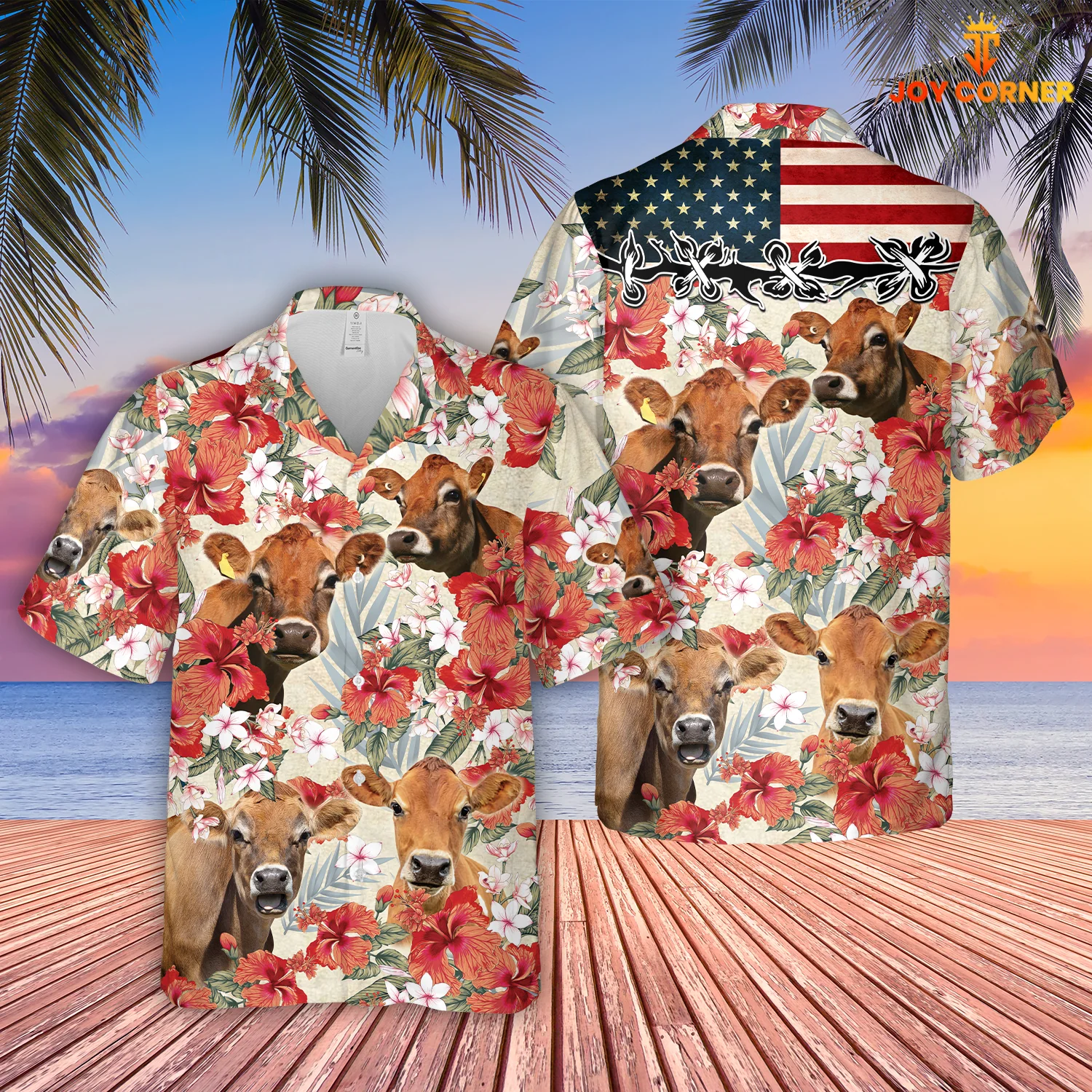 Jersey Breed Enhanced With Us Flag Hibiscus Hawaiian Shirt