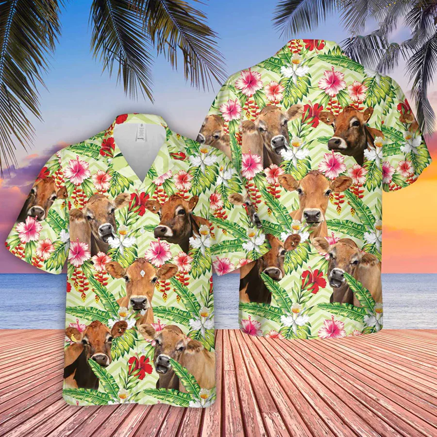 Jersey Hibicus Floral 3D Trendy Hawaiian Shirt, Farm Lover Hawaii Shirt, Hawaiian Casual Button Down Shirt
