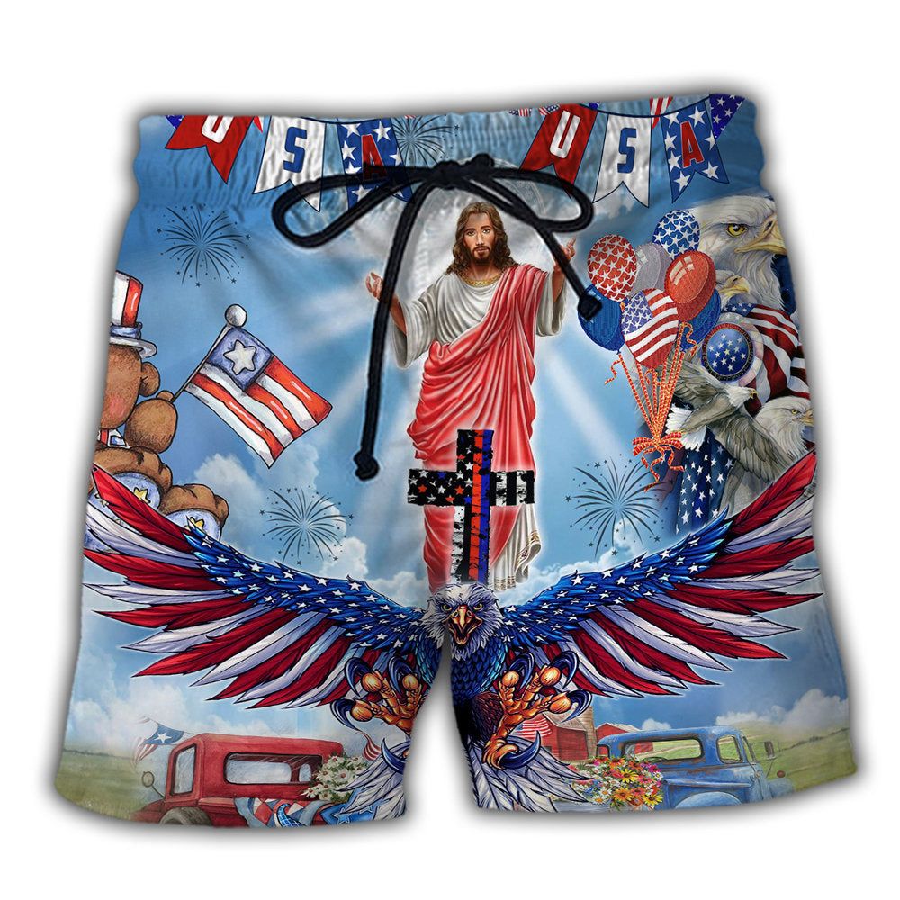 Jesus America Patriotism Jesus Eagle Trendy Aloha Hawaiian Beach Shorts Jesus America Patriotism Jesus Eagle Trendy Aloha Hawaiian Beach Shorts