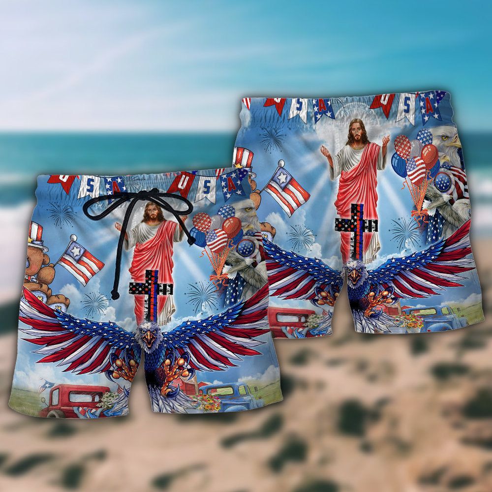 Jesus America Patriotism Jesus Eagle Trendy Aloha Hawaiian Beach Shorts