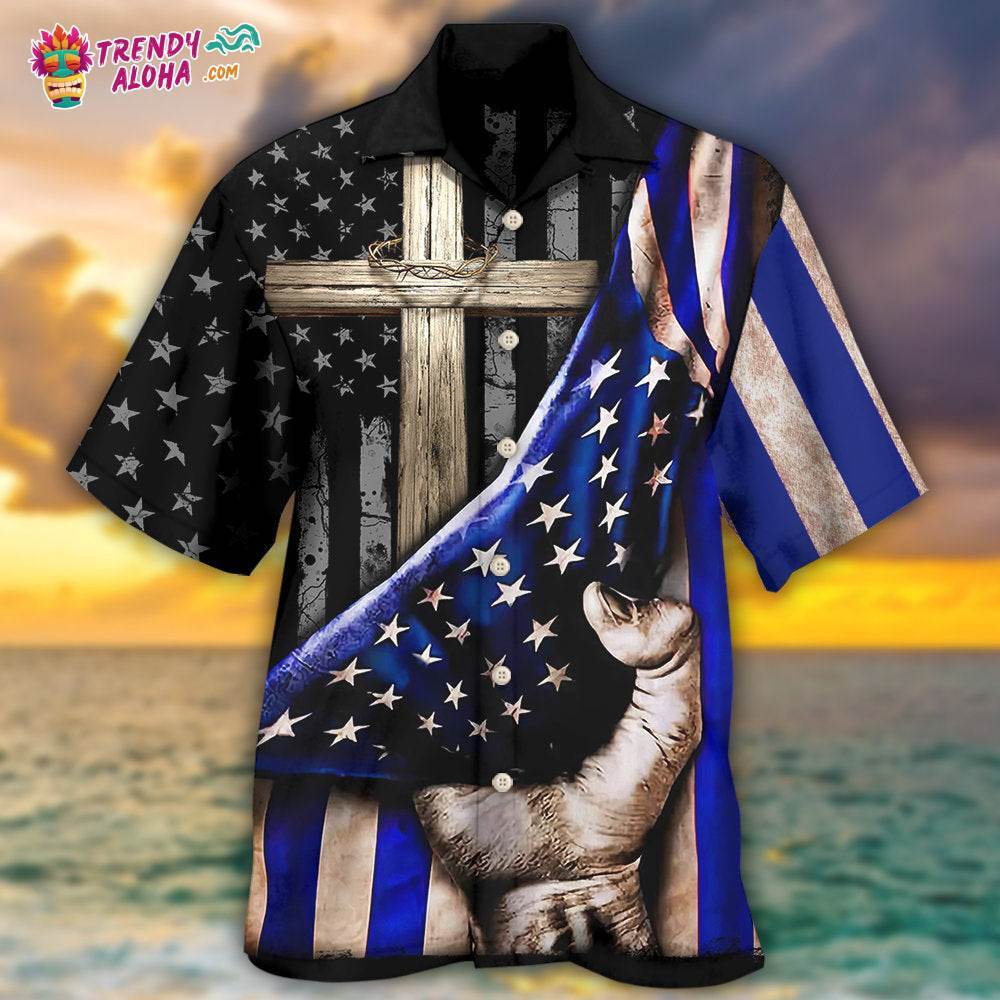Jesus Back The Blue Faith Cross Hawaiian Shirt – Trendy Aloha