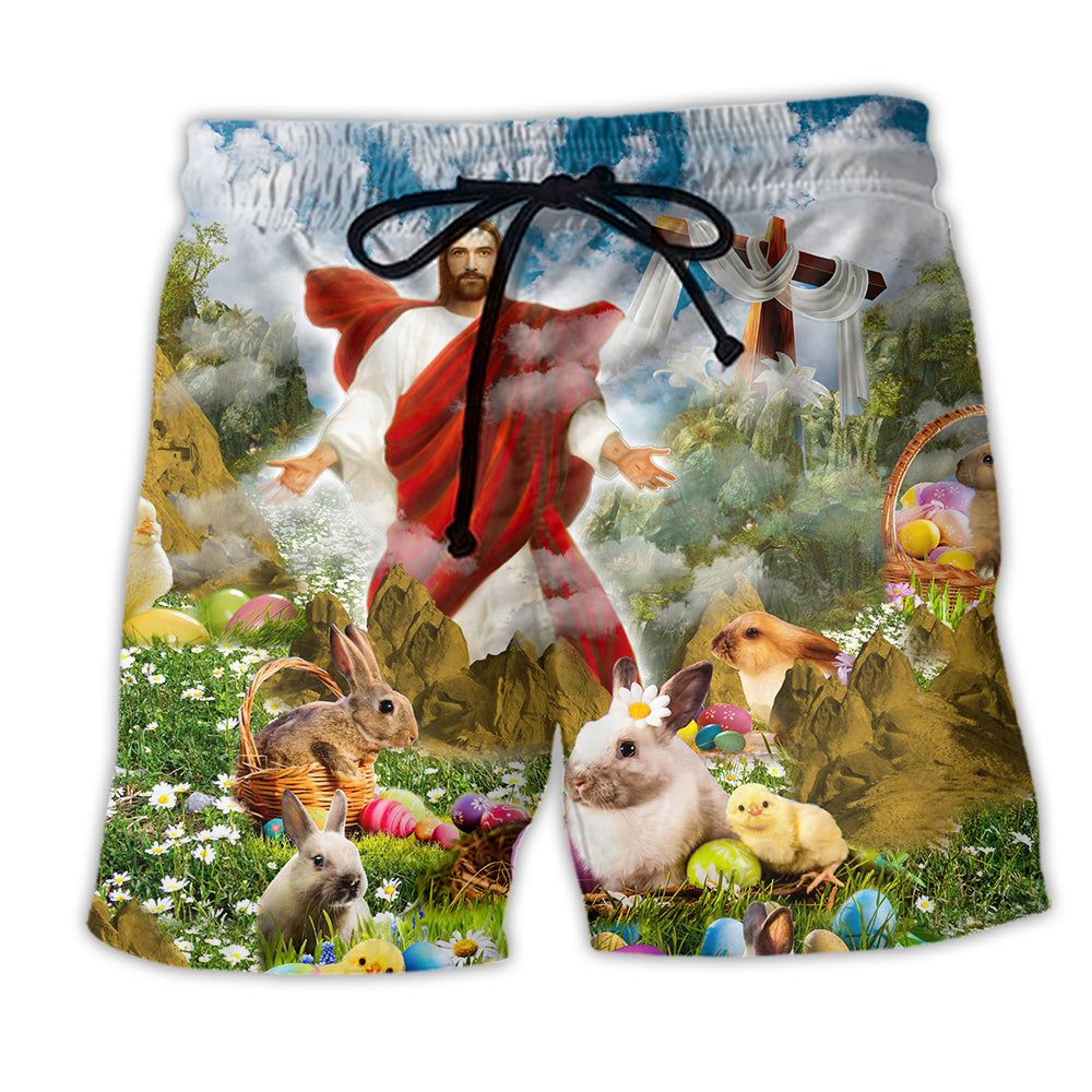 Jesus Easter Happy Jesus Is Risen Today Trendy Aloha Hawaiian Beach Shorts