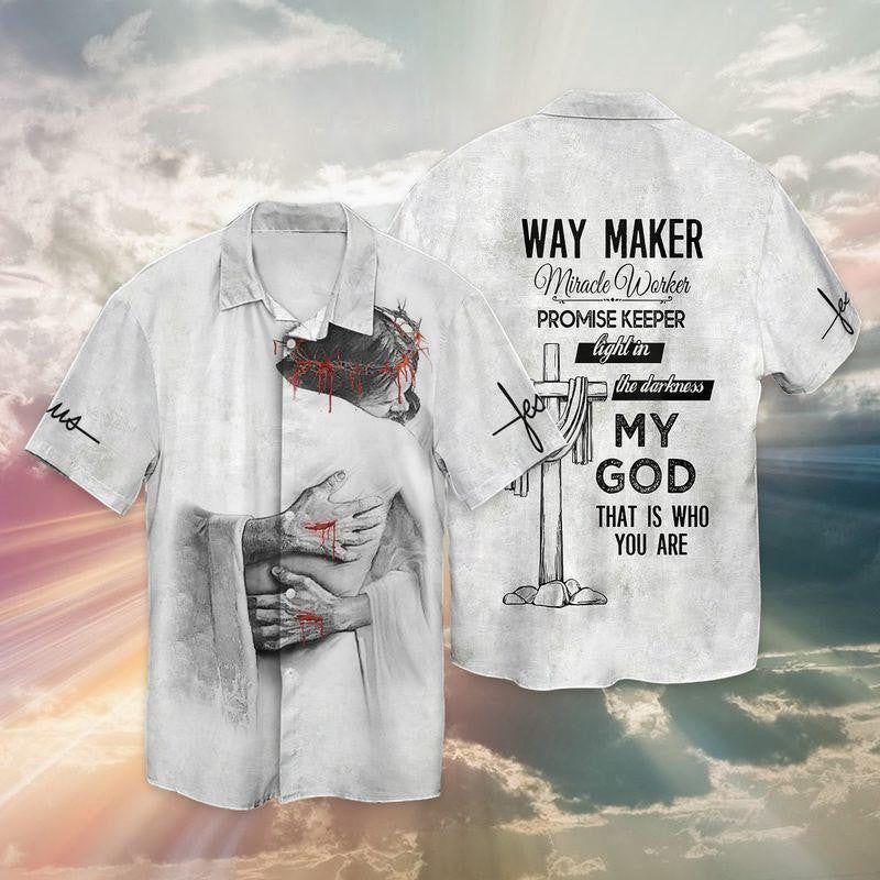 Jesus God Way Maker Miracle Worker Promise Keeper Light In The Darkness My God Aloha Hawaiian Shirts For Men & For Women |