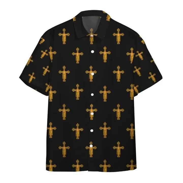 Jesus Hawaiian Shirt Medieval The Jesus Cross Pattern Black Hawaii Shirt Jesus Aloha Shirt