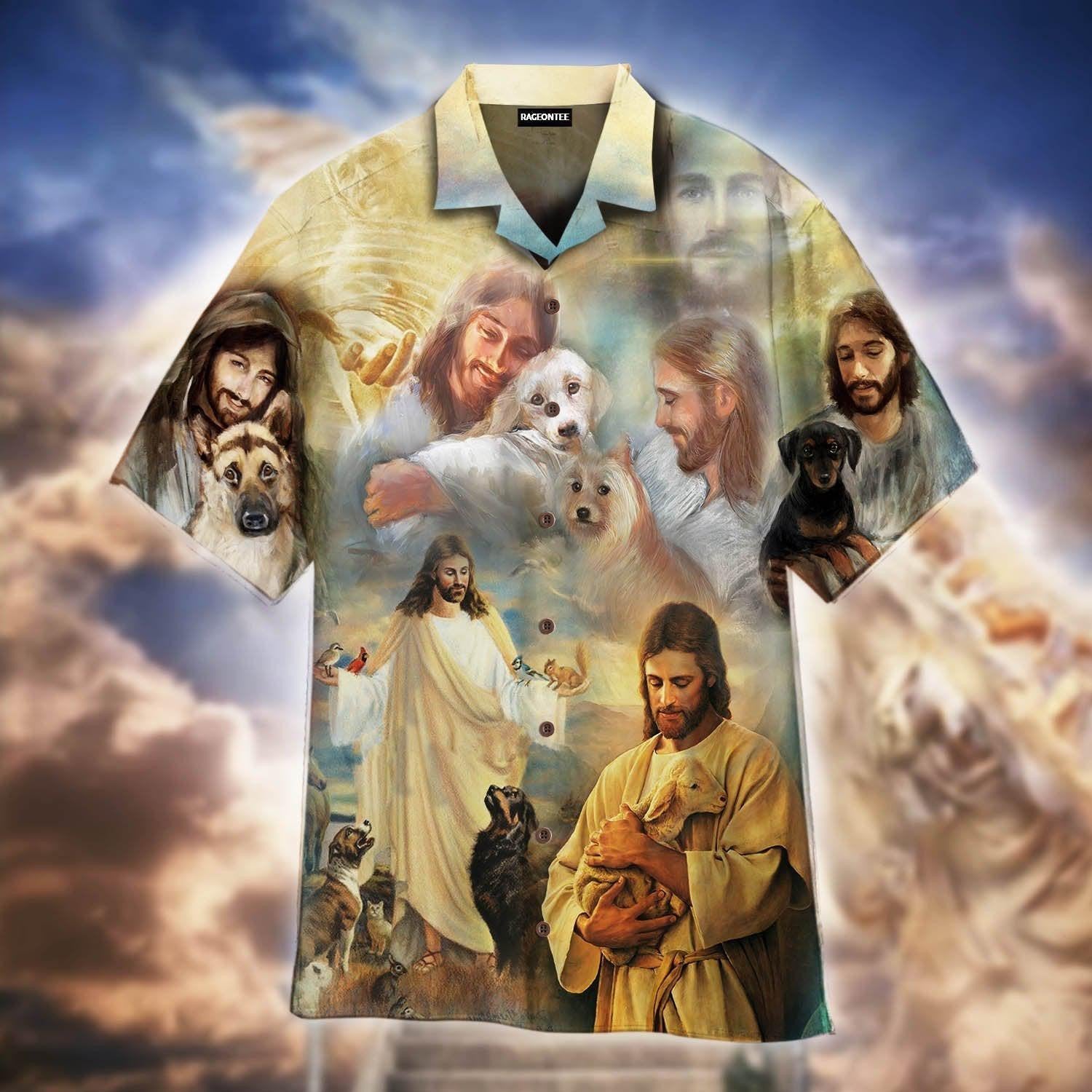 Jesus Hugging Dogs Aloha Hawaiian Shirts For Men & For Women |