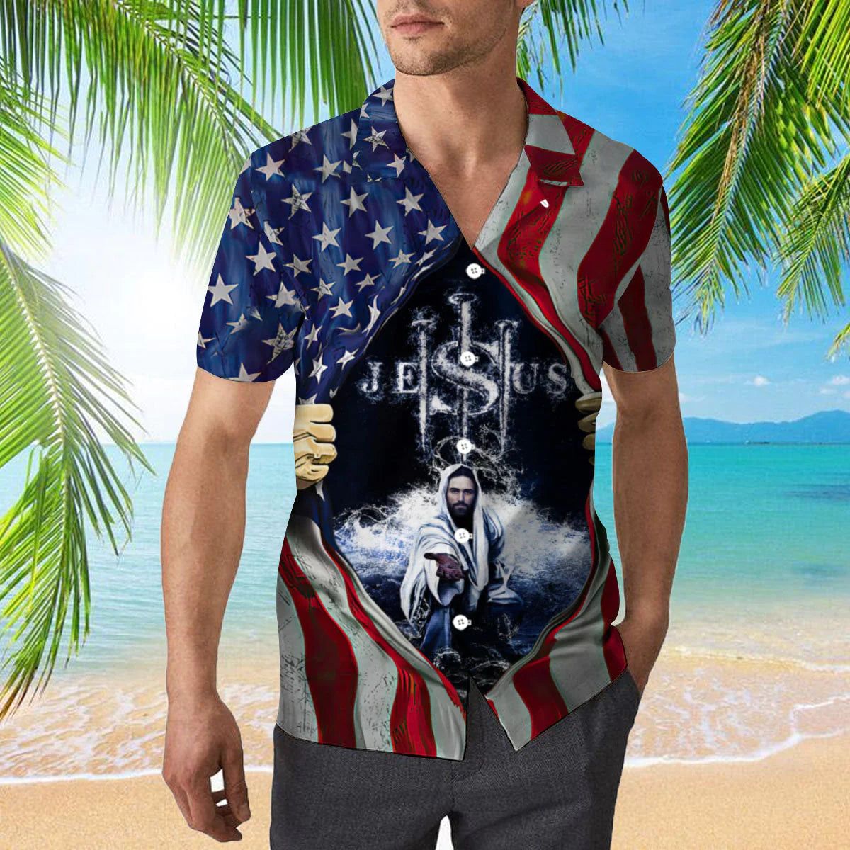 Jesus In My Heart American Flag White Aloha Hawaiian Shirts For Men And Women
