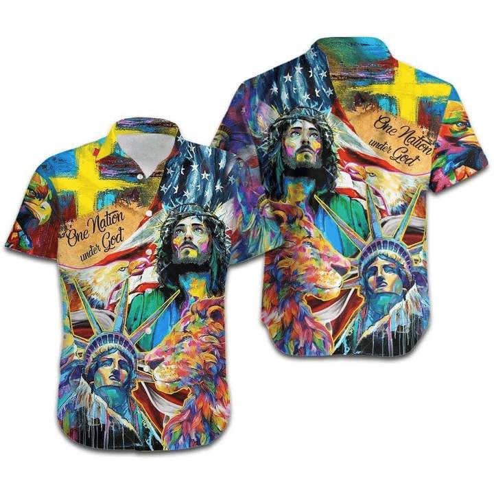 Jesus Lion One Nation Under God Red Hawaiian Shirt