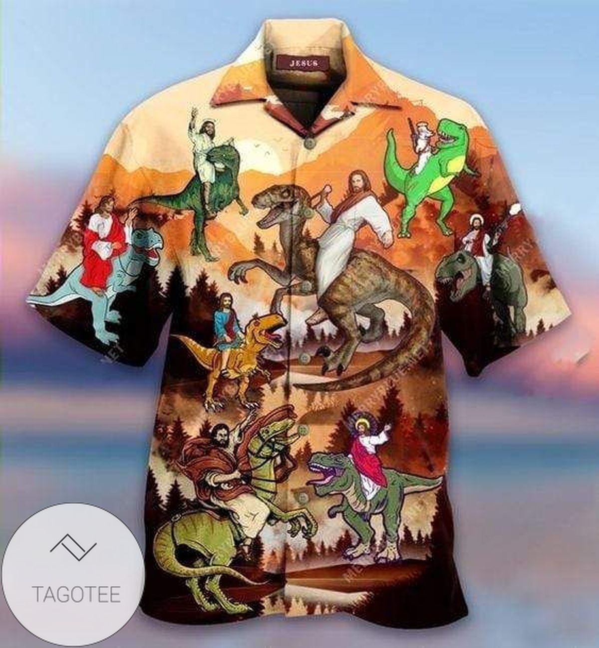 Jesus Rides A Dinosaur Design Hawaiian Shirt Elegance Tropical Style