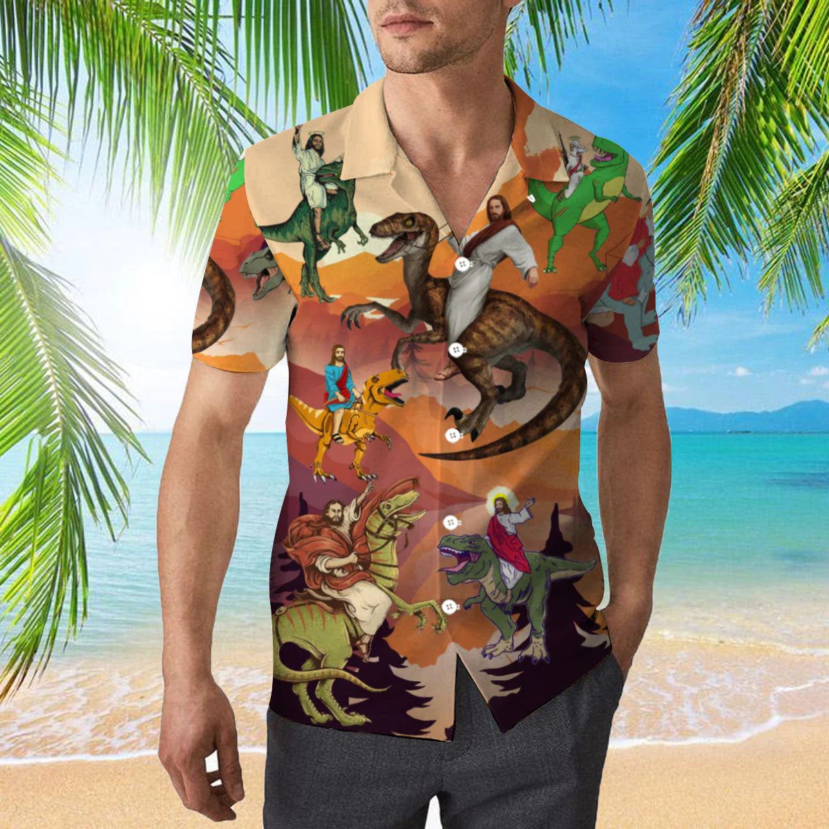 Jesus Rides A Dinosaur Orange Aloha Hawaiian Shirts For Men And For Women