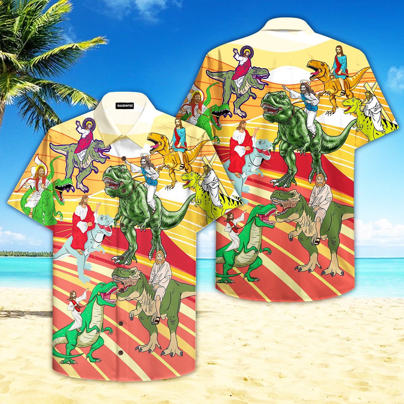 Jesus Riding A Dinosaur Aloha Hawaiian Shirts For Men And Women |