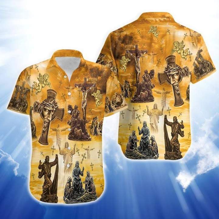 Jesus Trendy Hawaiian Shirt Bronze Jesus Cross Statue Yellow Hawaii Aloha Shirt